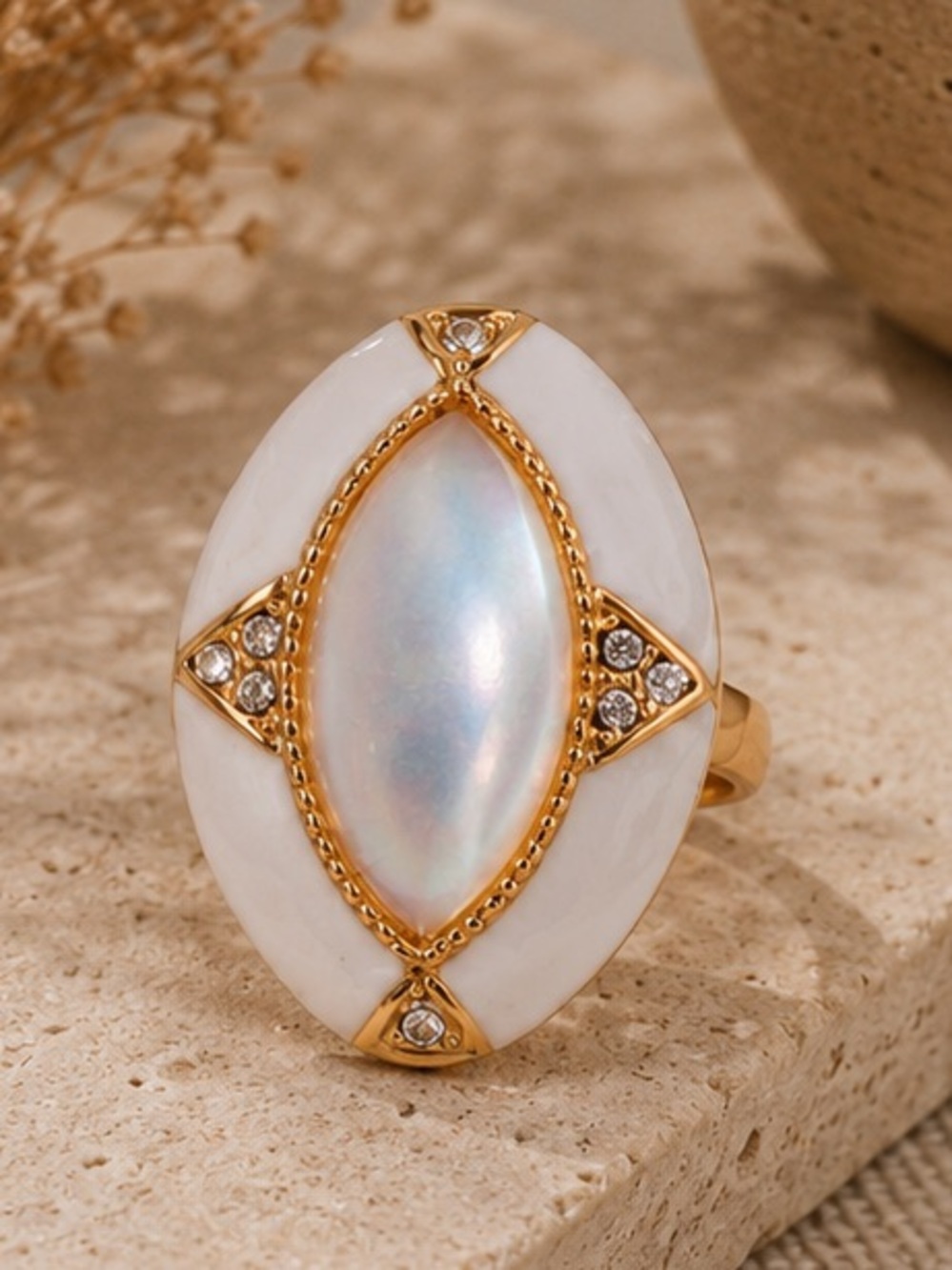 Vintage Inspired Ivory Enamel Mother of Pearl Statement Ring